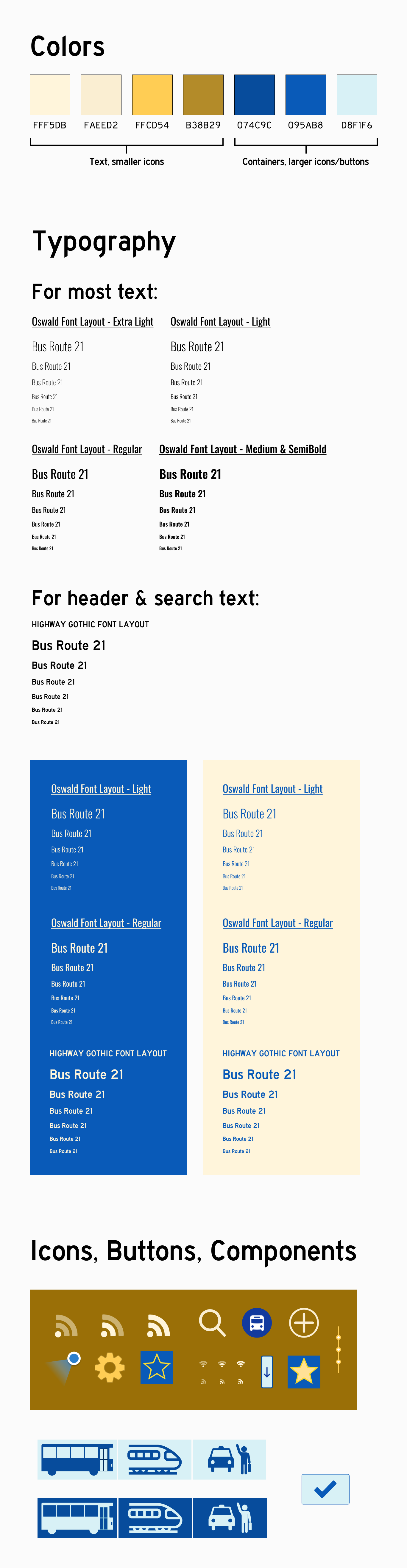 BusyBus style guide, consisting of colors, typography, and iconography